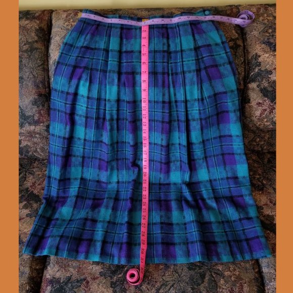 Vintage 80s, tartan check, pleated, lined skirt side opening, L, US 16, purple+ - Picture 5 of 9